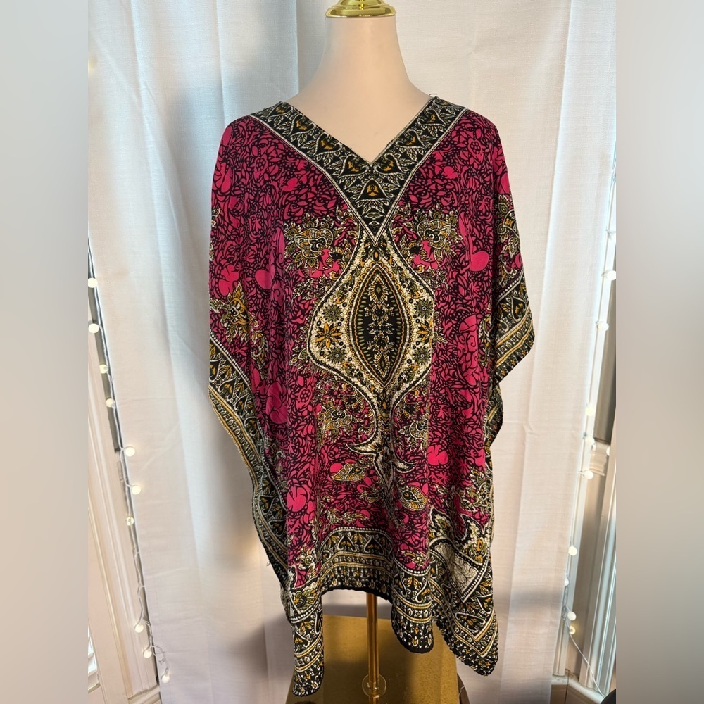 Boho Kaftan Tunic Top Pink Paisley Print Flowy One Size Beach Cover Up India